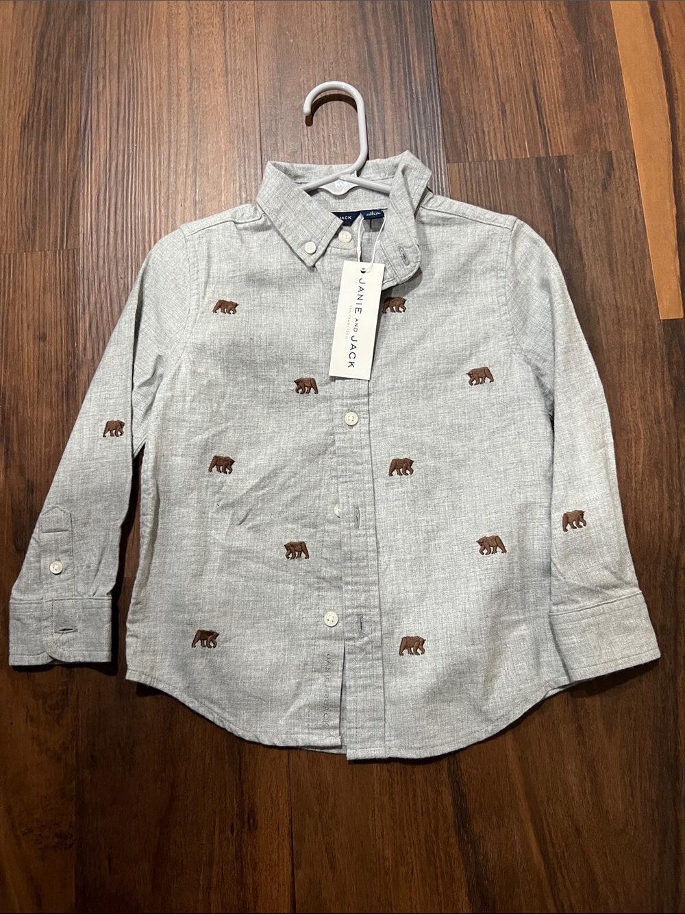 Janie and Jack Gray Button-Down Shirt with Brown Bear Motif